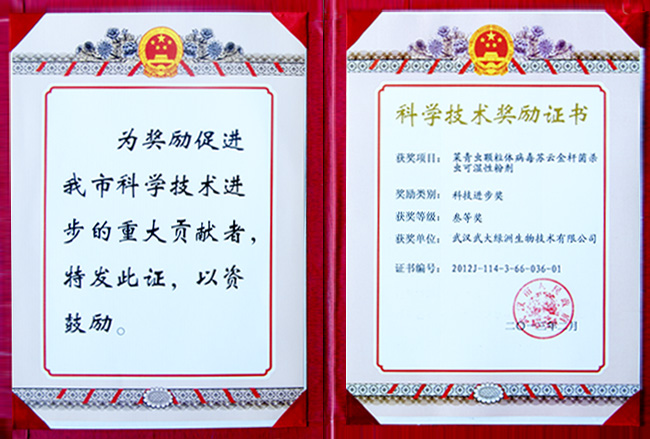 生物農(nóng)藥企業(yè)武大綠洲“菜青蟲顆粒體病毒蘇云金桿菌殺蟲可濕性粉劑”項目獲武漢市科技進步三等獎